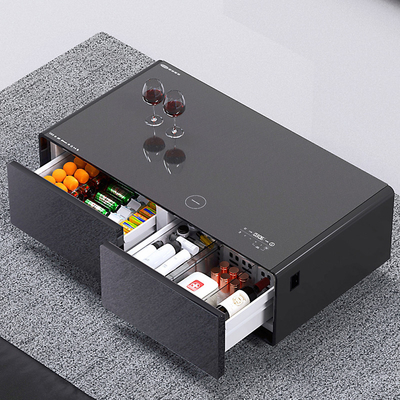 Schwarzer moderner Multifunktions-LED-Tisch mit 135L Kühlschrank und Telefonladegerät