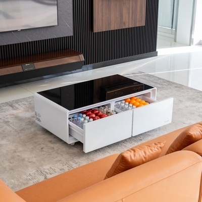 Gehärtetes Glas Smart Coffee Table mit Eisenrahmen, drahtlosem Laden und Kühlschubladen