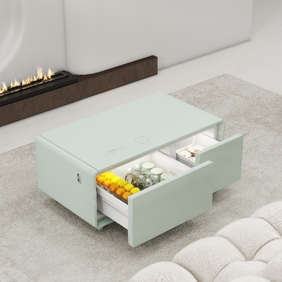 Kaffeetafel aus gehärtetem Glas mit eingebautem Kühlschrank und drahtlosem Laden