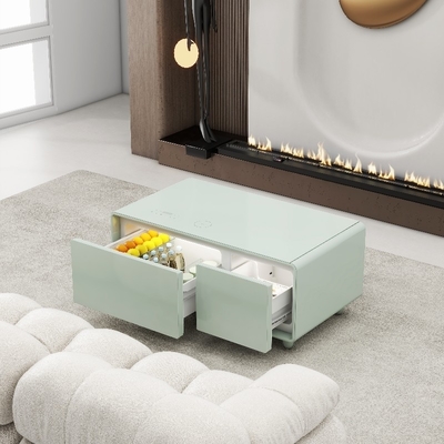 Kaffeetafel aus gehärtetem Glas mit eingebautem Kühlschrank und drahtlosem Laden