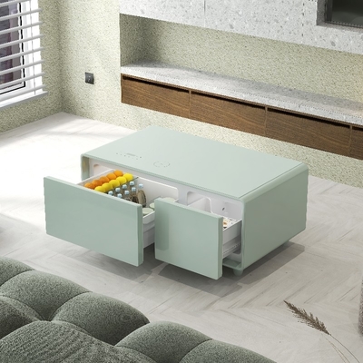 Kaffeetafel aus gehärtetem Glas mit eingebautem Kühlschrank und drahtlosem Laden